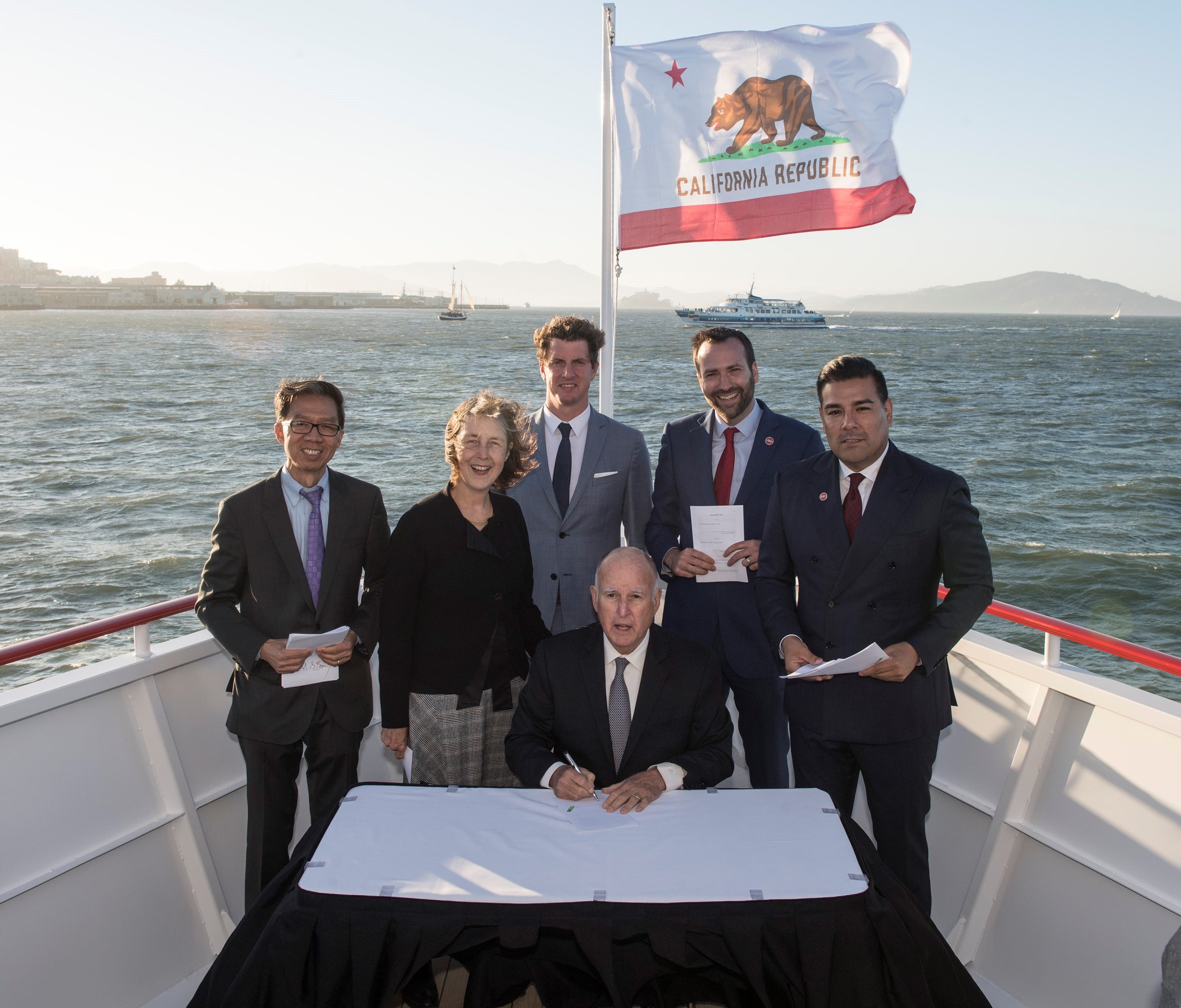 Aboard Hybrid Electric Ferry on the San Francisco Bay, Governor Brown Signs Bills to Promote Zero-Emission Vehicles, Reduce Carbon Emissions